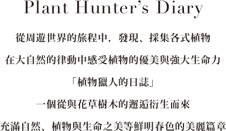 Plant Hunter's Diary 從周遊世界的旅程中，發現、採集各式植物在大自然的律動中感受植物的優美與強大生命力