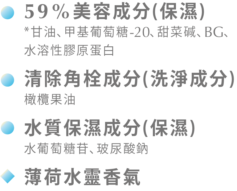 59%美容成分(保濕),清除角栓成分(洗淨成分),水質保濕成分(保濕),薄荷水靈香氣