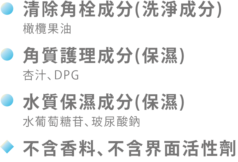 清除角栓成分(洗淨成分),角質護理成分(保濕),水葡萄糖苷、玻尿酸鈉,不含香料、不含界面活性劑